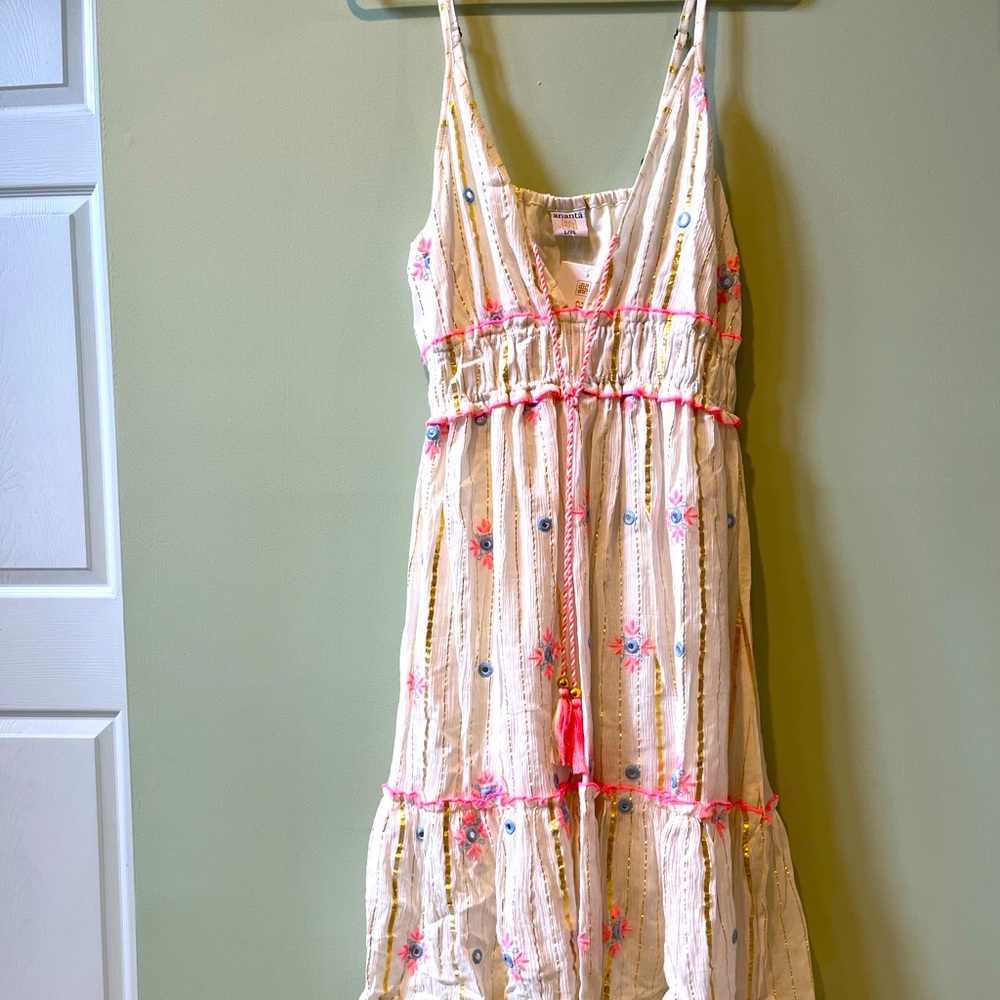 NWT LADIES L/XL ANANTA SUN DRESS ADJ STRAPS WHITE PINK GOLD EMBROIDERED LINED